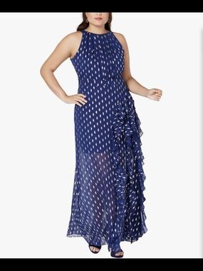 Betsy & Adam Navy Blue Printed Ruffle Halter Maxi Dress